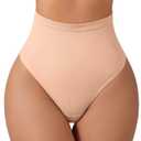 USEASY Tummy Control Seamless Thongs for Women Seamless High Waisted No Show Thongs Plus Size Underwear Beige S