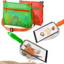 Beach Mesh Shovel with Mesh Shell Bags, Kids Filter Sand Scooper for Picking Up Shells,Shark Tooth Sifter Dipper for Boys and Girls,Beach Toys Accessories (Orange+Green)