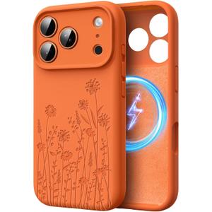 Magnetic Liquid Silicone Case for iPhone 17 Pro Max Compatible with Magsafe, Fall Engraved Floral Design Shock Proof Heavy Duty Protection Hard Phone Case for Women Girls, Orange