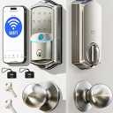 Veise VE027-K Built-in WiFi Smart Lock with 2 Knob, Fingerprint Keyless Entry Door Lock Handle Set for Front Door, App Remote Control, Electronic Digital Keypad Deadbolt, IP65 Waterproof, Satin Nickel