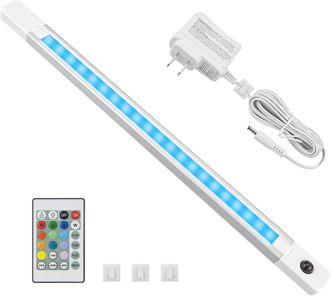 BIGMONAT Under Cabinet Light with Remote, Stick on Color Changing Under Counter Lighting, Plug in RGB LED Light Bar with Timer for Kitchen Sink Shelf Cupboard Closet Pantry Desk TV Stand Backlight