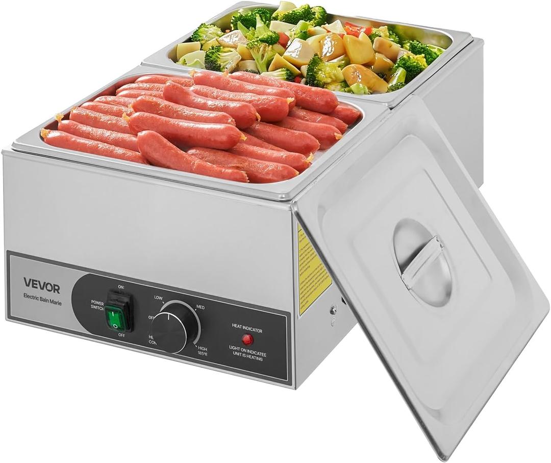 VEVOR Commercial Food Warmer, 1200W Electric Stainless Steel Steam Food Warmer, Fast Heating Countertop Buffet Bain Marie with Two 1/2 Size Food Pans, for Catering, Restaurants, Parties & Buffets
