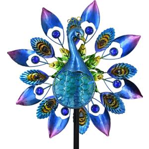 Peacock Metal Wind Spinners Outdoor, 360 Degree Rotation Kinetic Windmill Sculptures with 4 Prong Stake for Yard, Garden, Lawn Decor, 12.5" W x 48.4" H