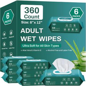 [360 Count] Adult Wipes for Elderly, 8" x 12" Extra Large Adult Wipes for Incontinence & Cleansing - Disposable Washcloth for Elderly Bathing No-Rinse - Vitamin E & Aloe