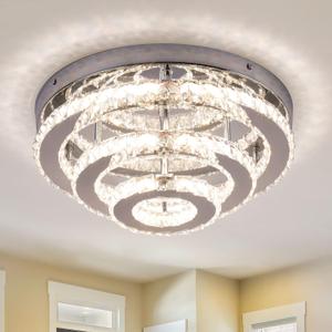 13.8" Flush Mount Chandelier LED Crystal Ceiling Light Fixture 3 Tier Ring Crystal Chandeliers for Bedrooms Dining Room Living Room,3 Colors Adjustable, L 13.8 Inches x H 6.3 Inches