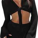 Fisoew Womens Crochet Swimsuit Coverups 2 Piece Bathing Suit Cover Up Long Sleeve Tie Front Crop Top Mini Skirt Sets Black Large
