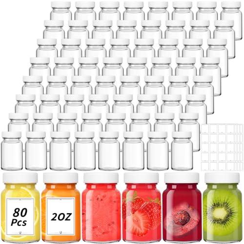 48 Pack 2 oz Glass Shot Bottles with White Lids Small Clear Glass Jar for Ginger Shot Mini Juice Bottle Reusable Wide Mouth Travel Cup Leakage-Proof with Labels for Wellness Juice Milk Potion Liquids