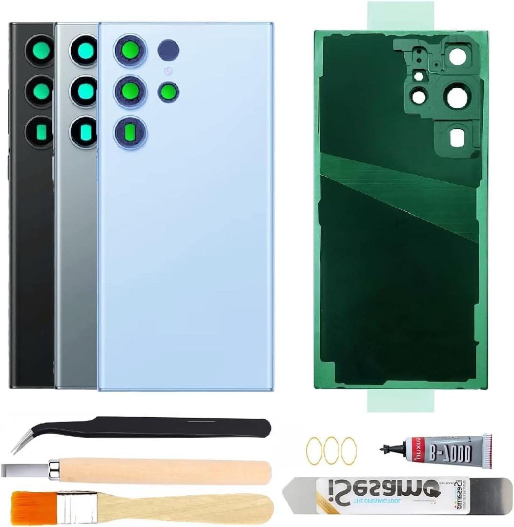 Rear Back Glass Replacement for Samsung Galaxy S23 Ultra with Camera Glass Lens + Adhesive + Repair Tool Kits (Blue)