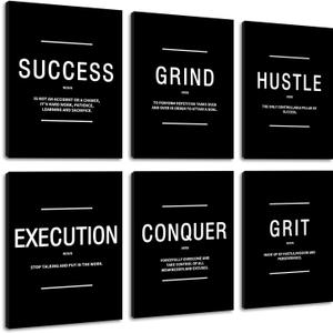 COSCTOR Set of 6 Motivational Wall Art Picture Decor Grind Hustle Execution Grit Conquer Success Canvas Framed for Office Bedroom Inspirational Workplace Posters Black and White Paintings Ready to Hang(Framed,9x12)
