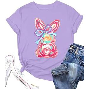 Easter Shirts for Women Happy Bunny Shirt Cute Rabbit Graphic Tee Funny Easter Gifts Short Sleeve Tops Purple, XXL