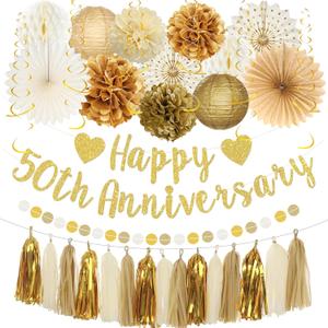 Roetyce 50th Anniversary Decorations, Gold Glitter Happy 50th Anniversary Banner Photo Background for Women Men, Cheers to 50 Years Backdrop Pompoms Paper Fans Party Supplies Dad Mom