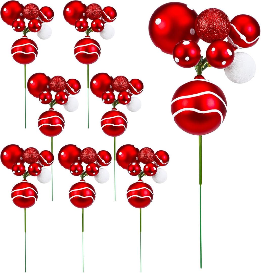 8 Pcs Red and White Christmas Tree Picks 7.87 Inch Christmas Balls Ornaments Xmas Hanging Decorations for Xmas Tree Topper DIY Wreath Holiday Floral Vase Fillers Crafts Home Decor