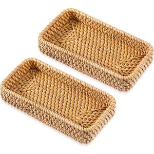 Wicker Storage Basket Rattan Tray Rectangular Wicker Basket Decorative Serving Tray Fruit Baskets Food Serving Holders for Storage Home Kitchen Restaurant Decor (8.2 x 4.3 x 1.6 inches)