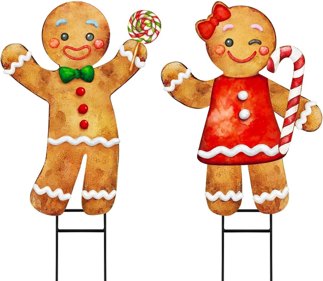 Christmas Decorations Outdoor, 2pcs Large Gingerbread Man Boy Girl Metal Yard Stakes Xmas Decor Ornaments, 29" Rustic Winter Signs for Lawn Garden Front Door Home Farmhouse Porch Outside