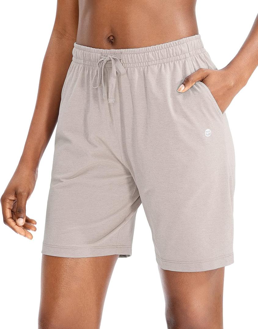 G Gradual Women's 7" / 9" Shorts with Deep Pockets Elastic Waist Bermuda Jersey Long Shorts for Woman Lounge Walking (Beige, XL)