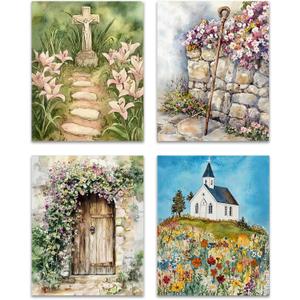 GTYNU Religious Christian Wildflower Wall Art Set of 4,Botanical Wildflower farmhouse decor，Boho Neutral Canvas Vintage Prints,Vintage Floral Pictures Minimalist Farmhouse Poster,8x10 Unframed（1）