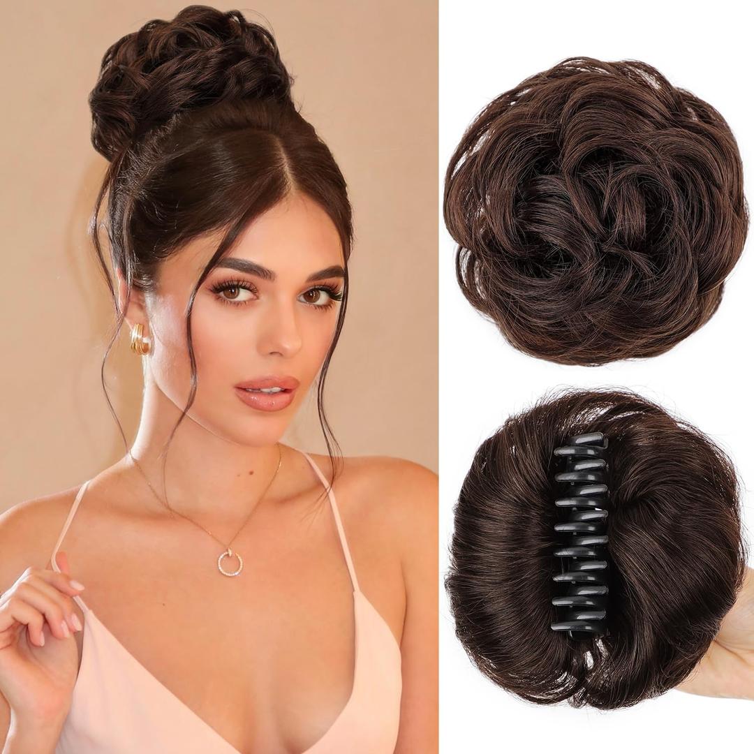 Messy Bun Hair Piece Human Hair Buns Hair Piece Claw Clip Bun Natural Curly Chignon Ponytail Fluffy Donut Updo Hair Pieces Messy Hair Buns Scrunchies for Women (Dark Brown)