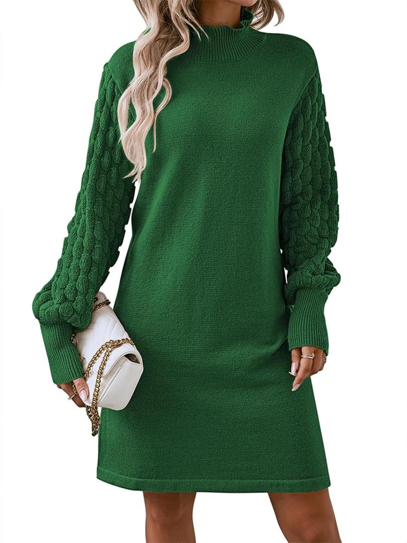 HUUSA Winter Dresses for Women 2025 Fall Puff Long Sleeve Sweaters Loose Mock Neck Outfits Sexy Mini Dress Going Out (Green, M)