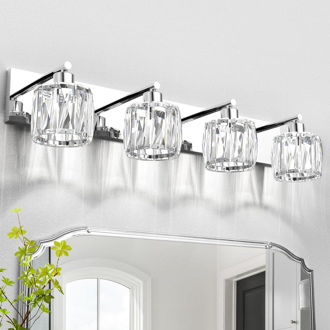 VOLISUN Crystal Vanity Lights for Bathroom, 4 Light Modern Stainless Steel Bathroom Light Fixtures Over Mirror, Chrome Bathrooms Lights Fixtures - UL Certificated (Exclude Bulb)