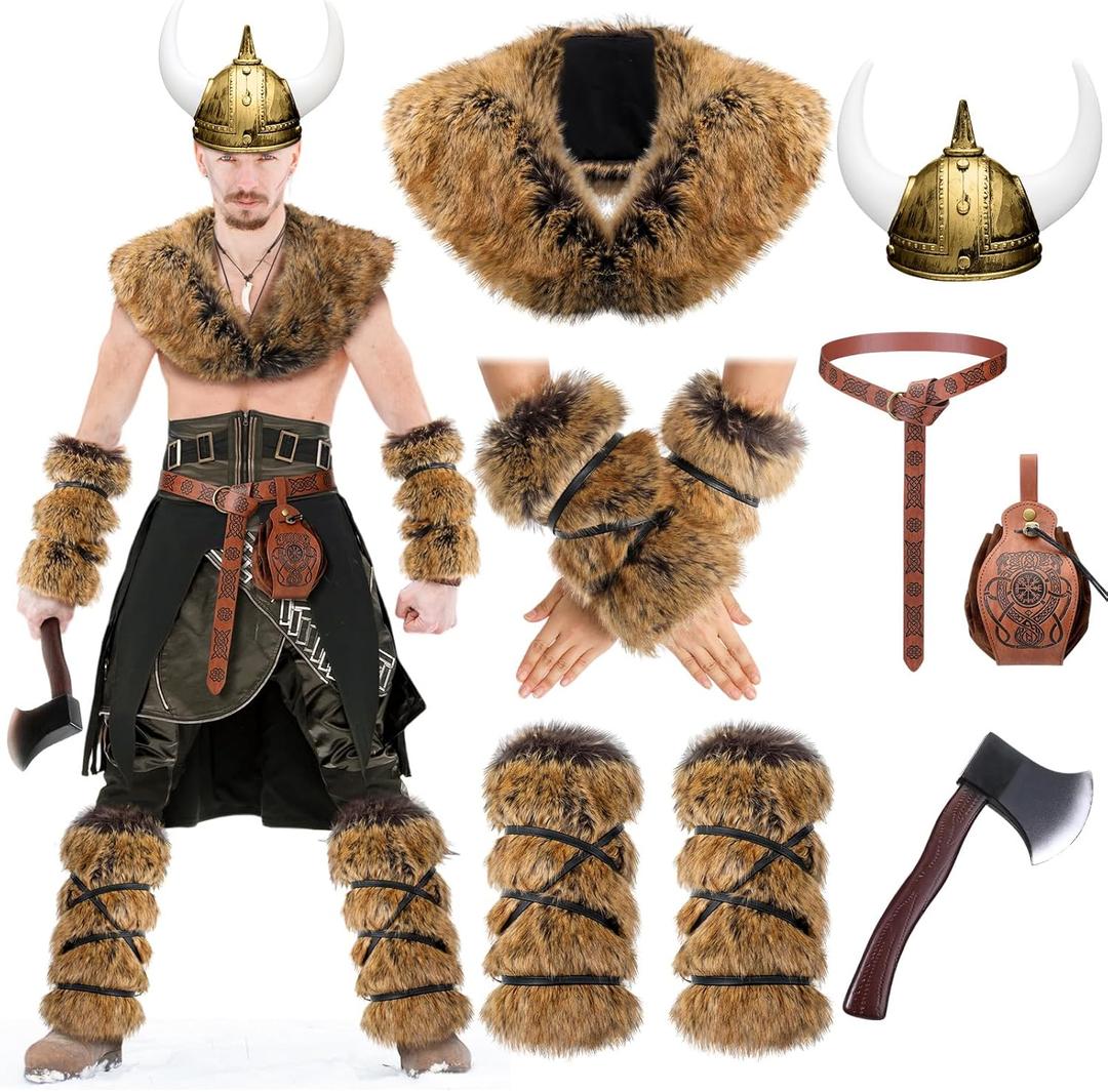 Realspring 8 Pcs Halloween Viking Costume Medieval Viking Costume Faux Fur Mantle Shoulder Helmet Adult Norse Warrior Outfit (Brown)