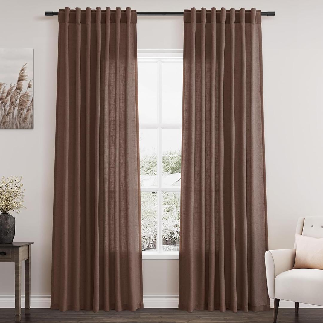 Mocha Mousse Linen Blend Curtains 84 Inch Length 2 Panels Set Back Tab Rod Pocket Light Filtering Semi Sheer Textured for Neutral Farmhouse Living Room and Bedroom Decor 52x84
