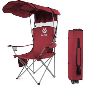 Elevon Camping Chair, Oversized Folding Chair with Canopy, Portable Outdoor Chair with Arms, Cup Holder and Carry Bag for Camping, Fishing, Beach, and Sports, Burgundy