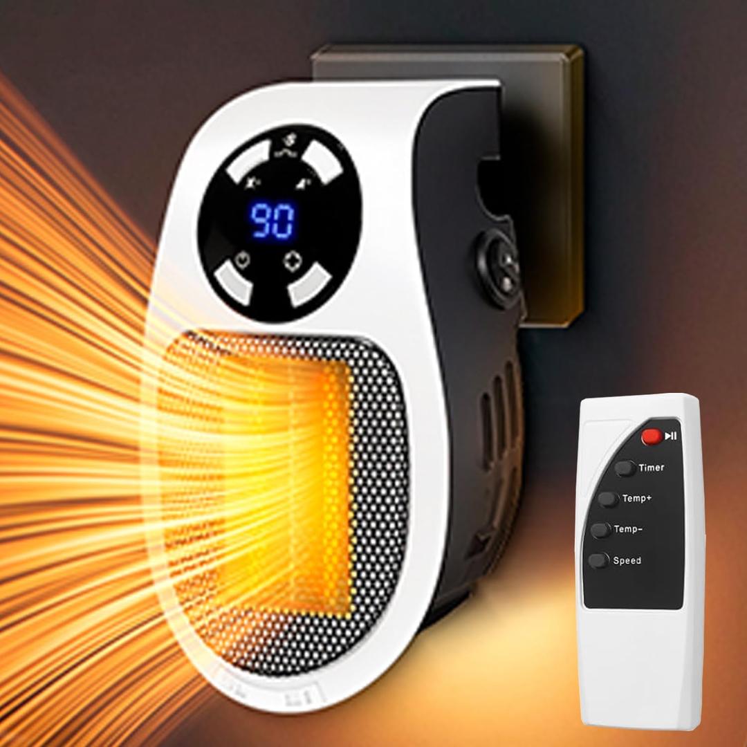 Mini Plug in Heater, Portable Wall Space Heater with Remote, Small Wall Outlet Heating with Adjustable Thermostat and 12H Timer, LED Display for Home Office Bathroom Indoor Use