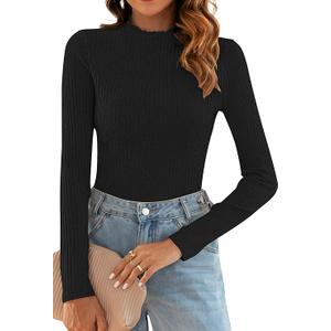 Poetsky Women's Fall Long Sleeve Tops Lightweight Turtleneck Sweater Ribbed Fitted Basic Shirts (Almond)