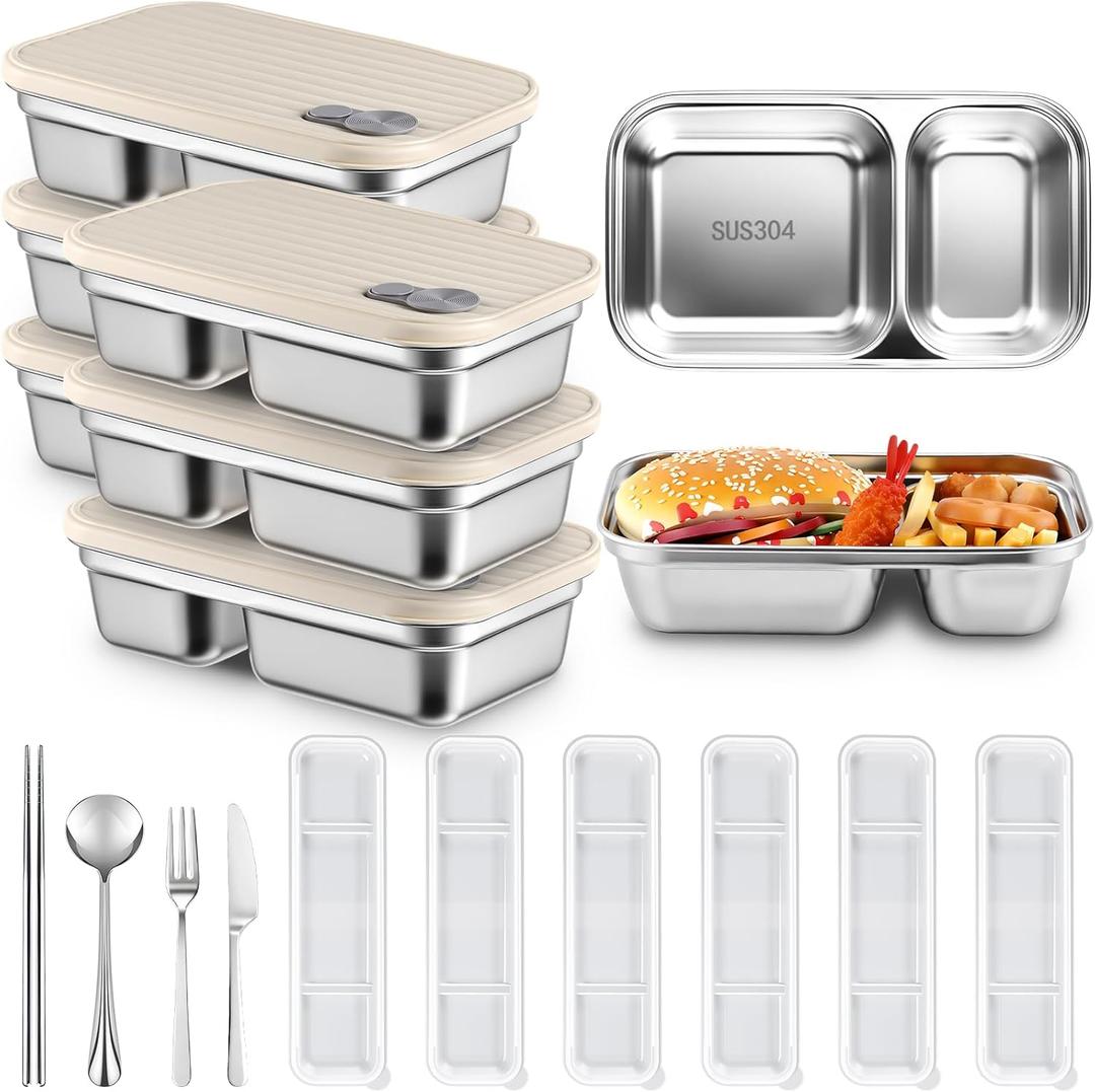 12 Pcs Stainless Steel Snack Containers Set 6 Pack 2 Compartment Bento Boxes with Lids 6 Sets of Reusable Flatware 20oz Grab and Go Chopsticks Knife Fork Spoon with Case for Travel Picnic