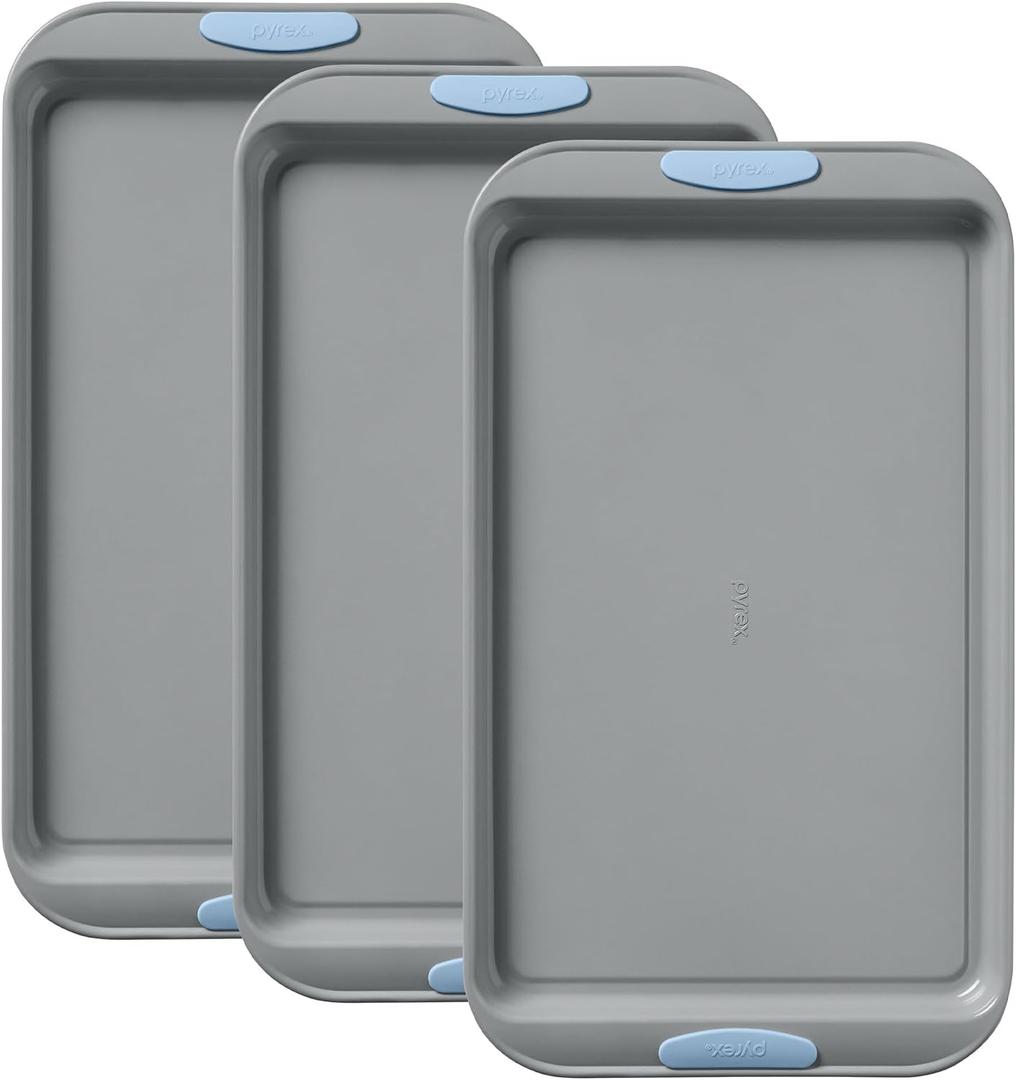Pyrex 3-Piece Metal Cookie Sheet Bakeware Set, Lightweight Stainless Steel Baking Trays with Heatsafe Silicone Handles, Cookie Sheet Baking Pan, Cerulean