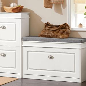 Haotian Shoe Storage Bench with Cushion, White Narrow Shoe Rack for Entryway, Small Shoe Cabinet with 2 Tiers Flip-Drawer, Closet Hallway Mudroom FSR82-L-W