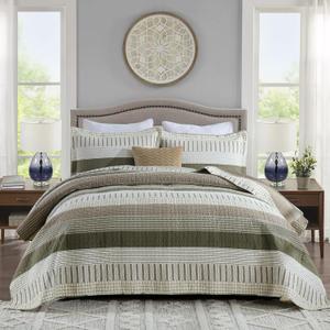 Finlonte Cotton Quilt Set, Striped Reversible Lightweight Bedspreads, 3-Piece, Green/Brown/Cream, Queen Size (Queen (90"x98"))
