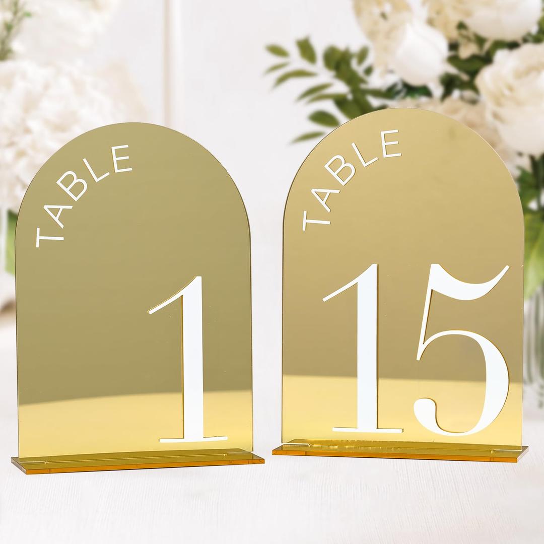 Gold Mirror Arch Table Numbers 1-15 with Stand, 15 Pack 5x7 Inch Gold Acrylic Signs with White Numbers, Arched Acrylic Table Numbers for Wedding Reception