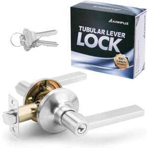 Entrance Door Handle Lock with Keys, Reversible for Right Left Side, Not Keyed Alike Entry Lever Lock Set, Turn-Thumb Locking, Perfect for Office, Interior Exterior Front Gate, Bedroom, Satin Nickel