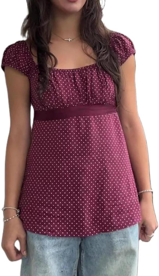 Women Fairy Grunge Y2k Babydoll Shirt Cap Sleeve Micro Polka Dot Tie Back Flowy Babydoll Top Preppy Clothes, XL
