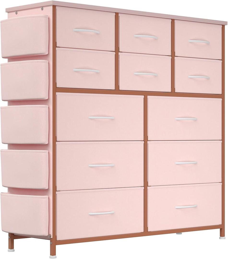 Jojoka Dresser for Bedroom with 12 Drawer, Dressers & Chests of Drawers for Hallway, Entryway, Storage Organizer Unit with Fabric, Sturdy Metal Frame, Wood Tabletop, Easy Pull Handle (Pink)