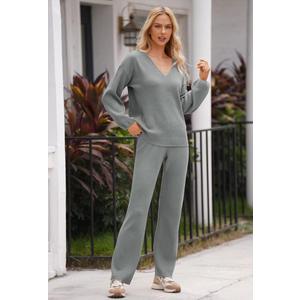 Women's Knit Sweater Pajamas Set V-neck Pullover Tops Wide Leg Pants Sleepwear Loungewear Outfits, Light Grey, Size L
