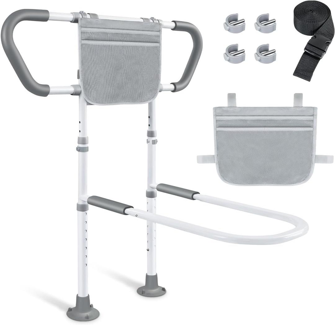 Bed Rails for Elderly Adults Safety: Adjustable Bedside Assist Rails with Storage Pockets, Non-Slip Handles, Sensor Night Light, 400LB Gravity Capacity (Stand-Compatible with Bed Frames 13.19" or Higher)