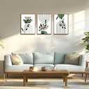 Bwodke Boho Wall Art, Framed Abstract Wall Art, Line Plants Leaf Canvas Wall Decor, Mid Century Sage Green Geometric Pictures Set of 3, Minimalist Paintings, for Bedroom Living Room Bathroom 16"x24"