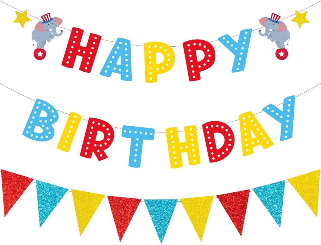 Zwiebeco Red Blue Yellow Carnivals Happy Birthday Party Decoration Banner Triangle Flags Pennant Sign Hanging Paper Garland Bunting for Kids Adults Circus Themed Accessories Supplies