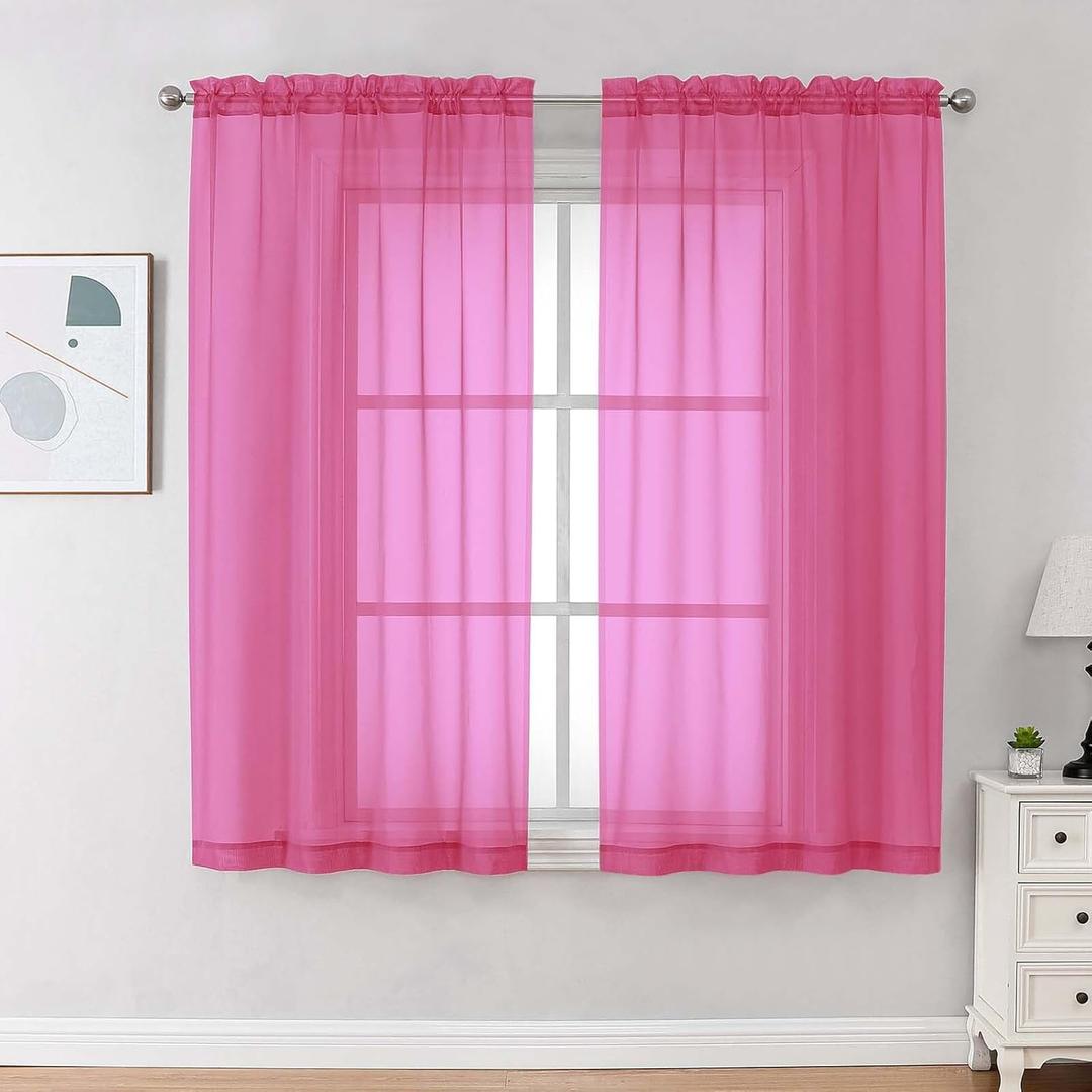 OVZME Sheer Curtains 63 inch Length 2 Panels Set for Bedroom Living Room, Elegant Light Filtering Sheer Curtains, Soft Airy Dual Rod Pocket Window Drapes, Each 42W x 63L Inches, Hot Pink