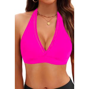 Tempt Me Women Halter Bikini Top - Padded Swimsuit Top V Neck Bathing Suit Tops Only (Small, Hot Pink)
