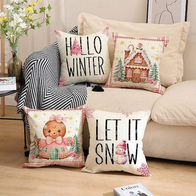 Christmas Pillow Covers, Gingerbread Man & Alphabet Print Decorative Cushions, Holiday Throw Pillows for Sofa & Home Decor (Color 4)
