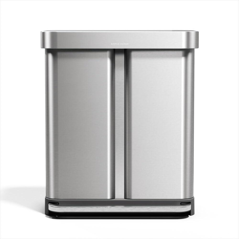 simplehuman 58 Liter / 15.3 Gallon Rectangular Hands-Free Dual Compartment Recycling Kitchen Step Trash Can with Soft-Close Lid, Brushed Stainless Steel