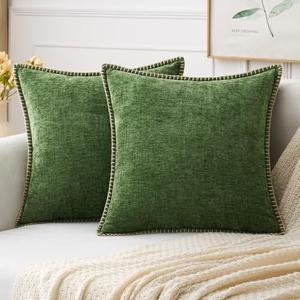 MIULEE Pack of 2 Pillow Covers 16x16 Inch Moss Green Farmhouse Decorative Throw Pillow Covers with Stitched Edge Soft Chenille Solid Dyed Couch Pillow Covers for Sofa Bed Living Room
