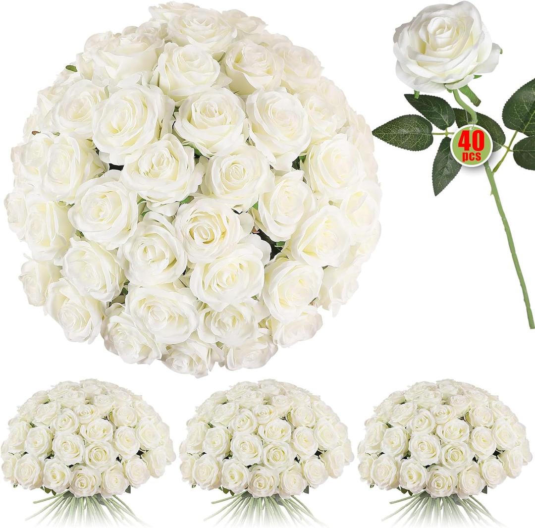 Luyue 40PCS White Roses Artificial Flowers - Long Stem Fake Roses Bouquet Silk White Flowers Artificial Rose for Wedding Centerpiece Home Decor & Valentines Floral Arrangement