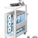 Computer Tower Stand with LED Light Strip,Mobile Rolling CPU Holder,Height Adjustable PC Tower Stand with Charging Station for Office Home (White)
