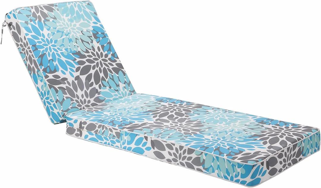 JMGBird Outdoor Chaise Lounge Cushion 70 * 22 * 4.5 Inch, Patio Chaise Chair Cushions with Straps Waterproof Foldable Pool Thick Lounge Cushions Outdoor Furniture (Light Blue With White)