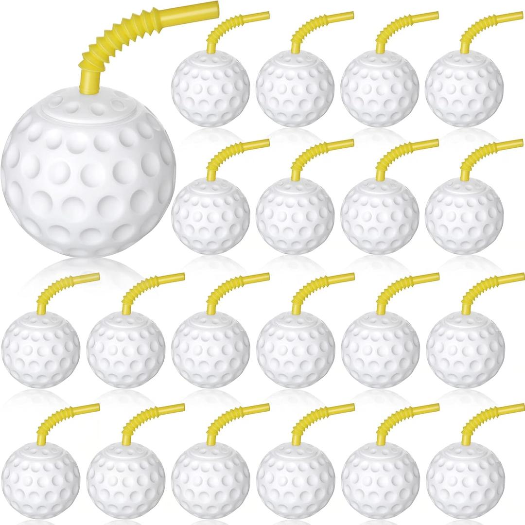 Golf Ball Cups with Lid and Straw 14 oz Plastic Golf Party Favors Shaped Decorations for Party Supplies for Kids Drinking Themed Parties(24 Pieces)