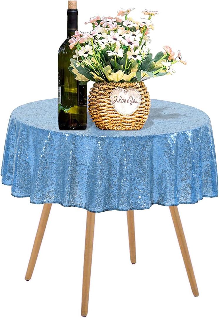 50 Inch Round Baby Blue Sequin Tablecloth, Metallic Glitter Sparkle Table Cover for Small Cake Table or Overlay, Sequin Fabric Table Cloths for Wedding Birthday Party Decorations